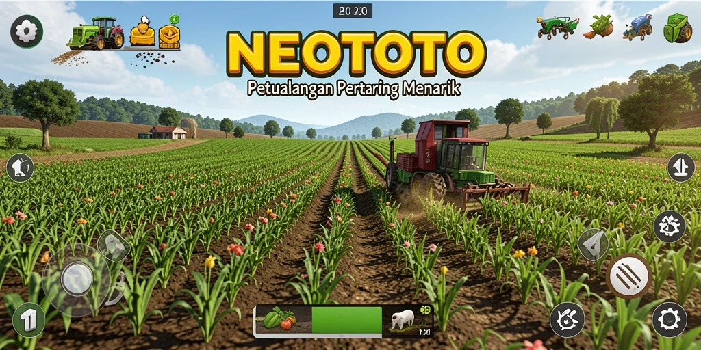 Screenshot utama NEOTOTO yang menunjukkan aktivitas pertanian yang seru.